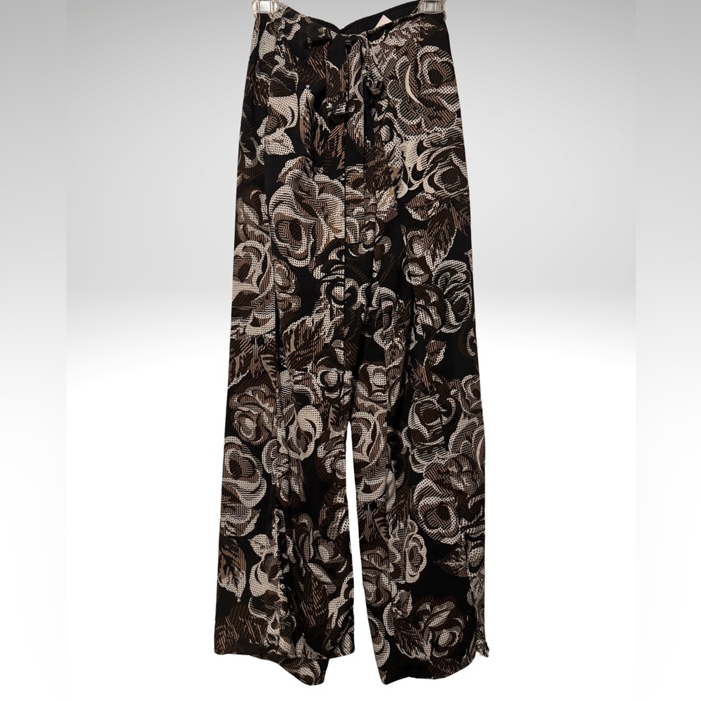 NWT NY Collection Wide Leg Pants Brown Floral Tie Waist Women’s Small